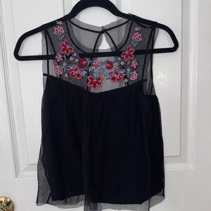 Hollister Black Sheer Top with Floral Embroidery
